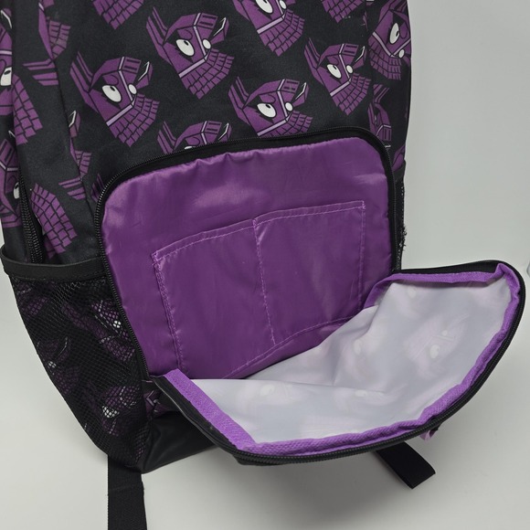 Fortnite Llama‎ Backpack Black Purple All Over Print School Bag Mesh Pockets - Picture 4 of 6